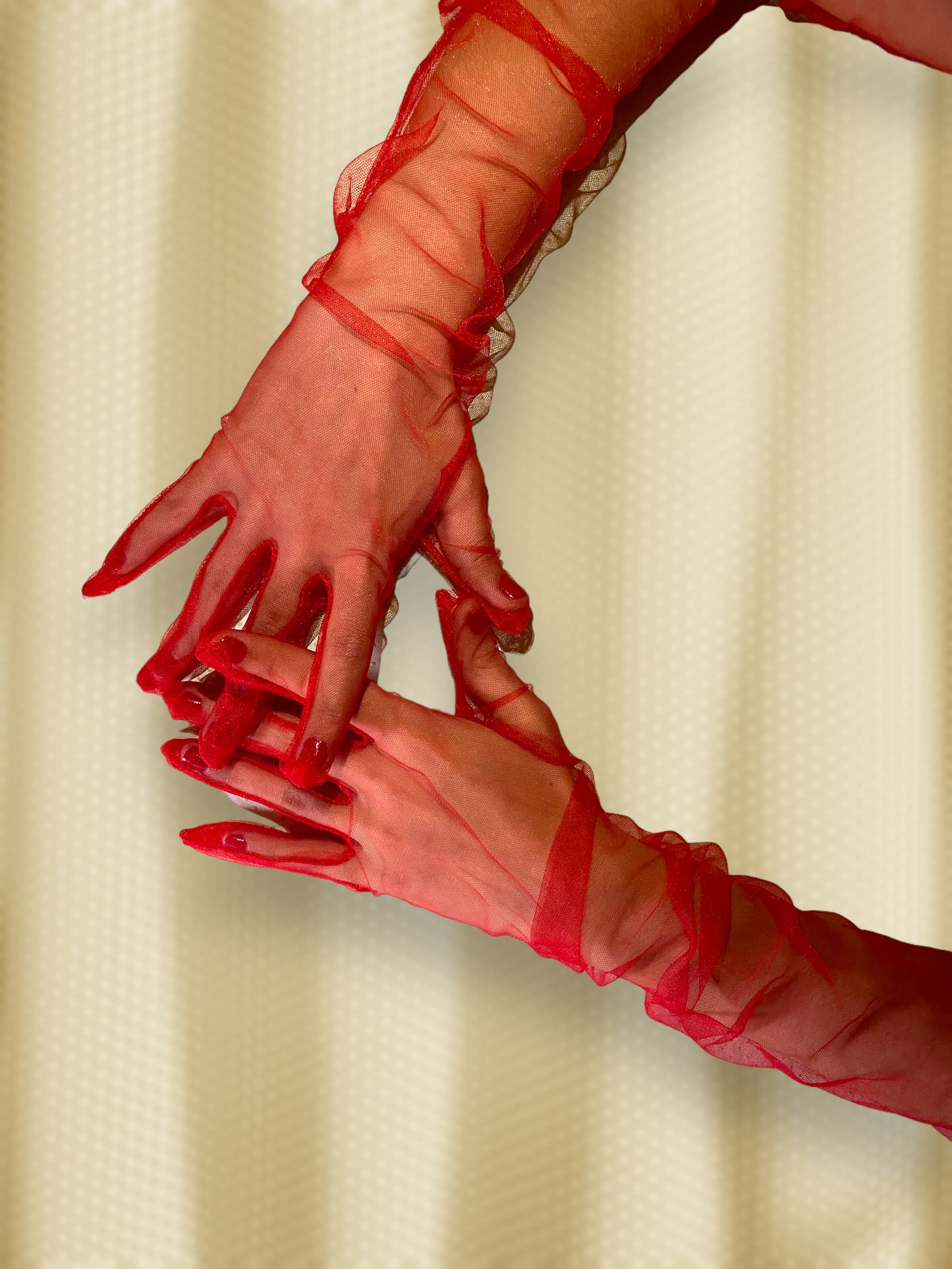 Long red mesh gloves, Elbow length gloves for women, Sheer red gloves