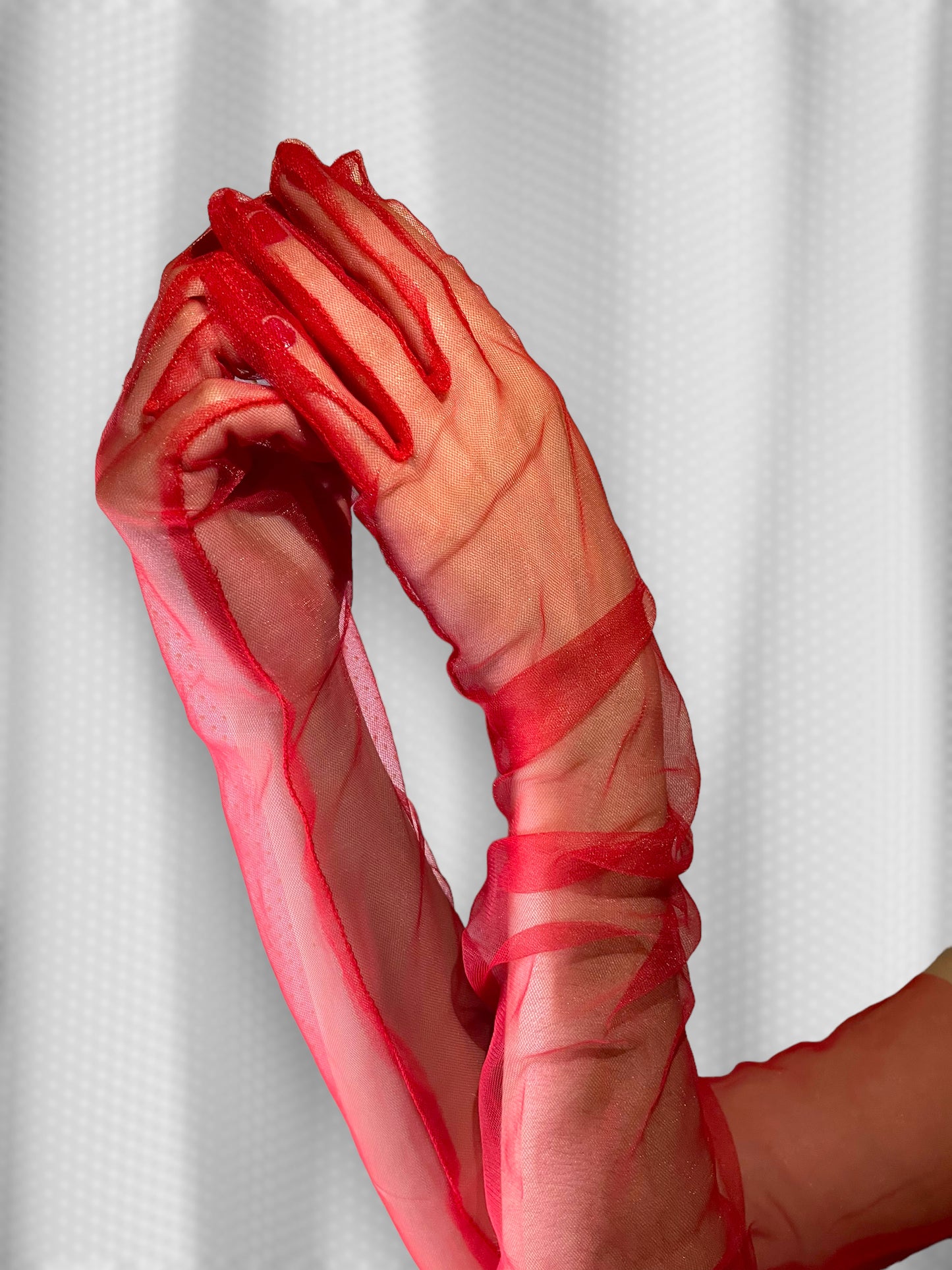 Long red mesh gloves, Elbow length gloves for women, Sheer red gloves