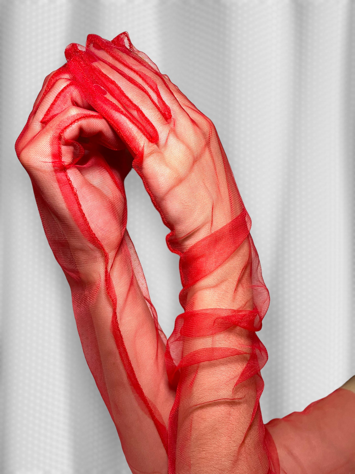 Long red mesh gloves, Elbow length gloves for women, Sheer red gloves