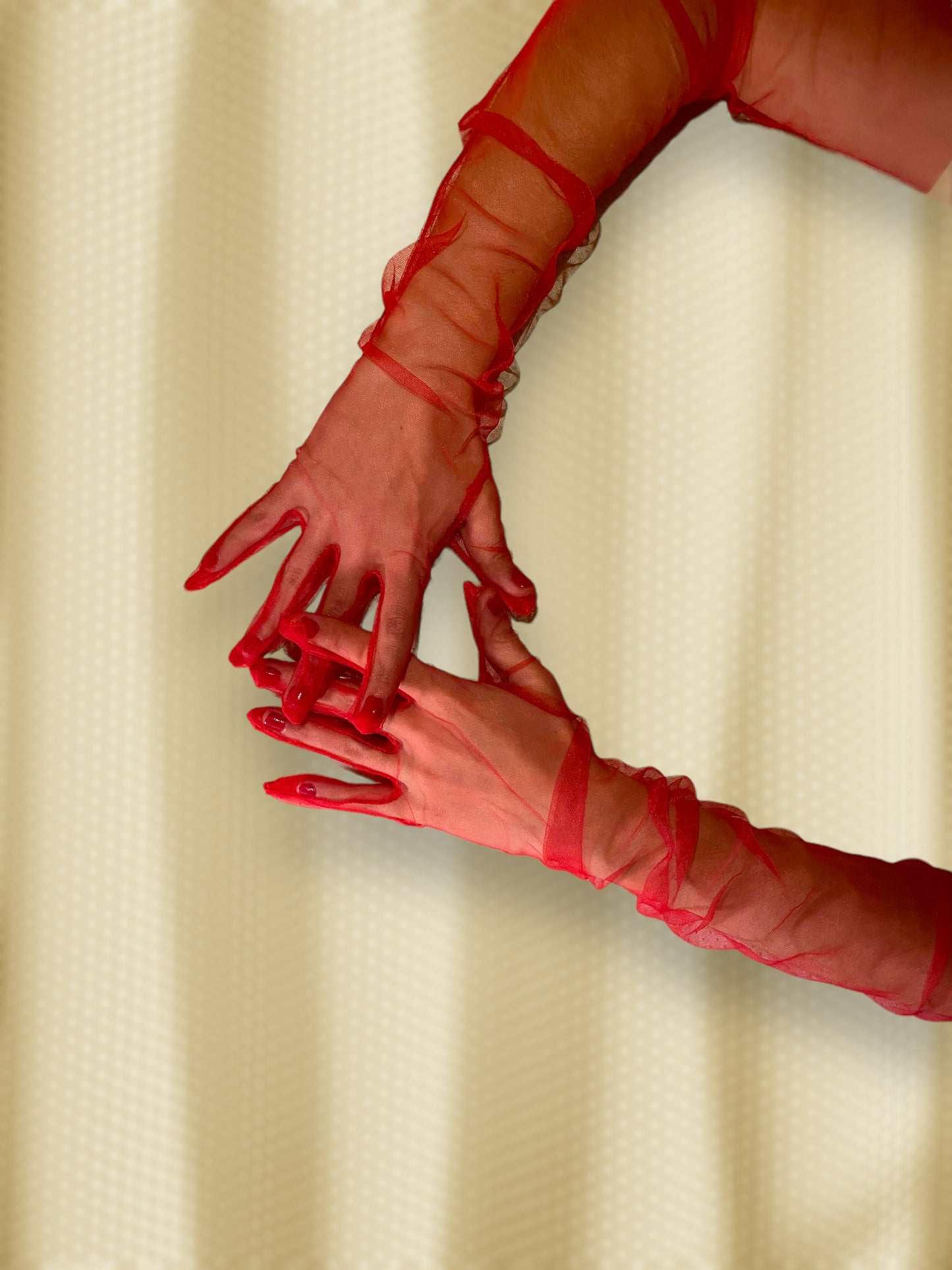 Long red mesh gloves, Elbow length gloves for women, Sheer red gloves