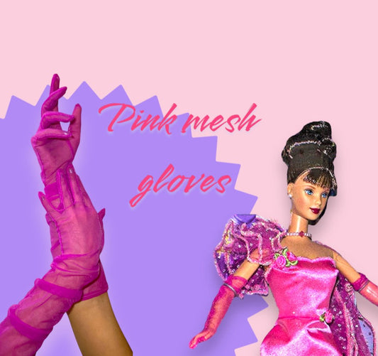 Hot pink mesh gloves, Pink sheer opera gloves, Above the elbow