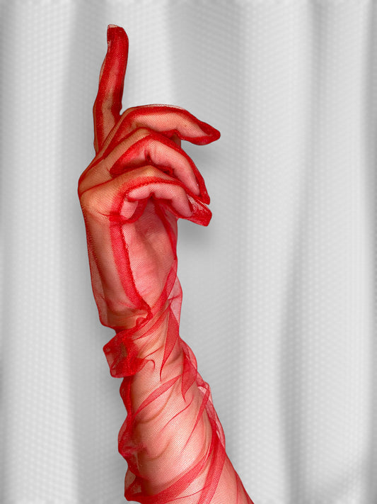 Long red mesh gloves, Elbow length gloves for women, Sheer red gloves