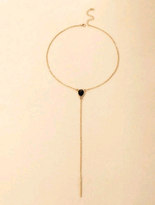 Y lariat necklace, gold and black