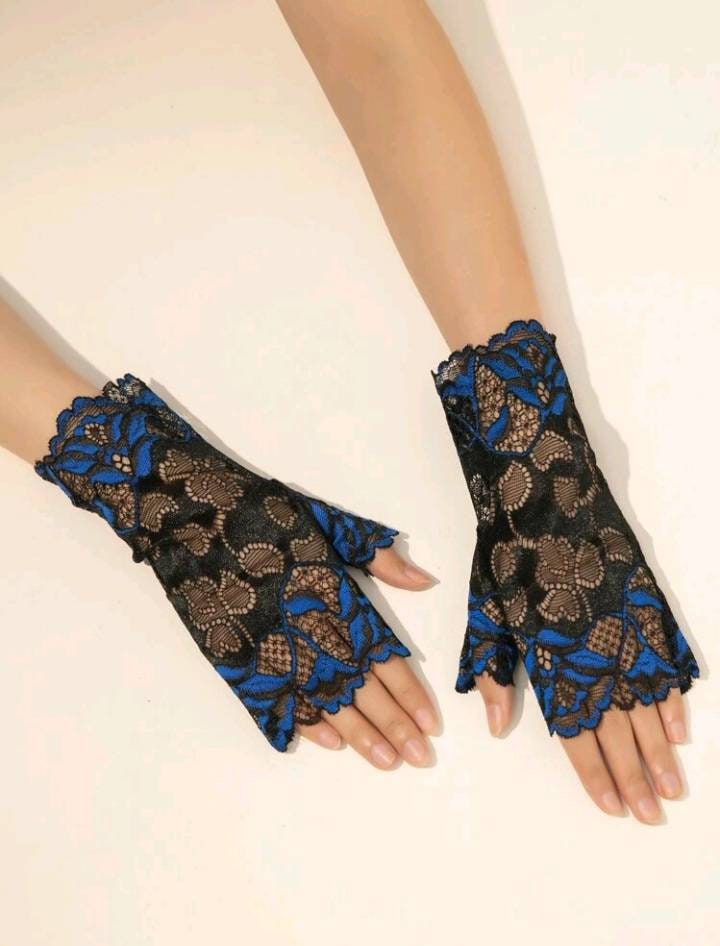 Black and blue floral lace fingerless gloves