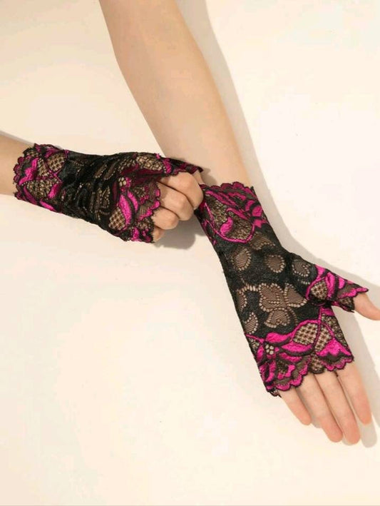 pink and black floral lace fingerless mittens