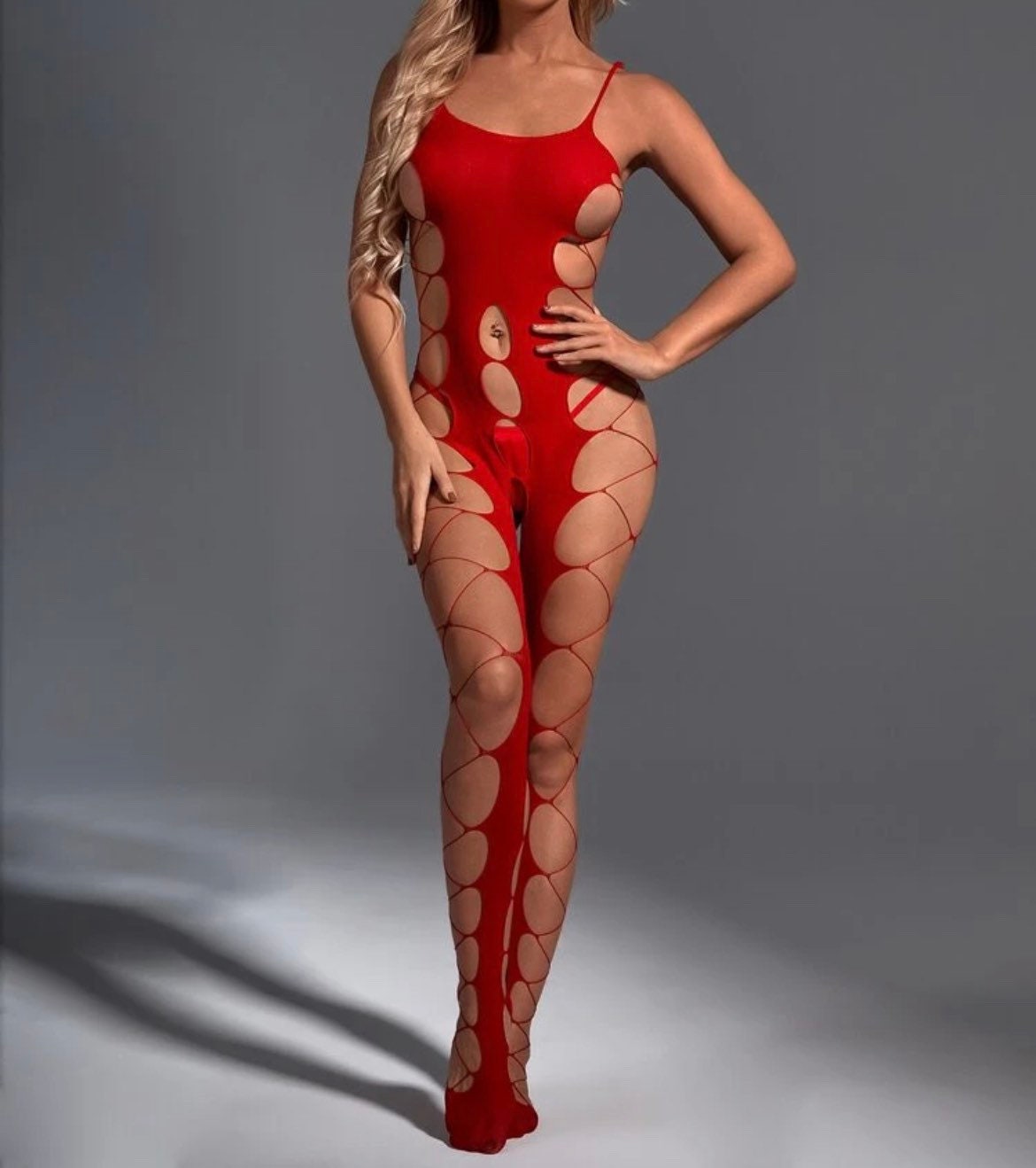 Crotchless red cutout full bodysuit