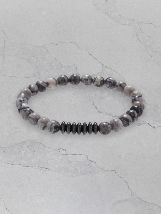 Gun metal marble beaded mens bracelet. Stylish mens fashion jewelry.