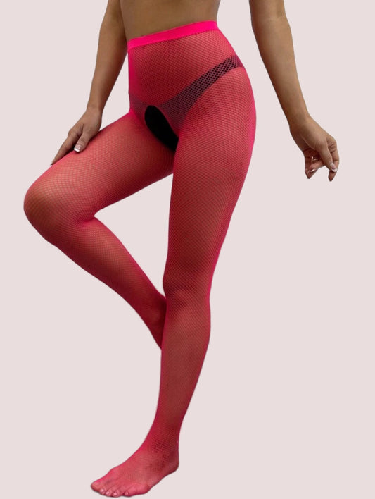 Crotch less pink fishnet tights