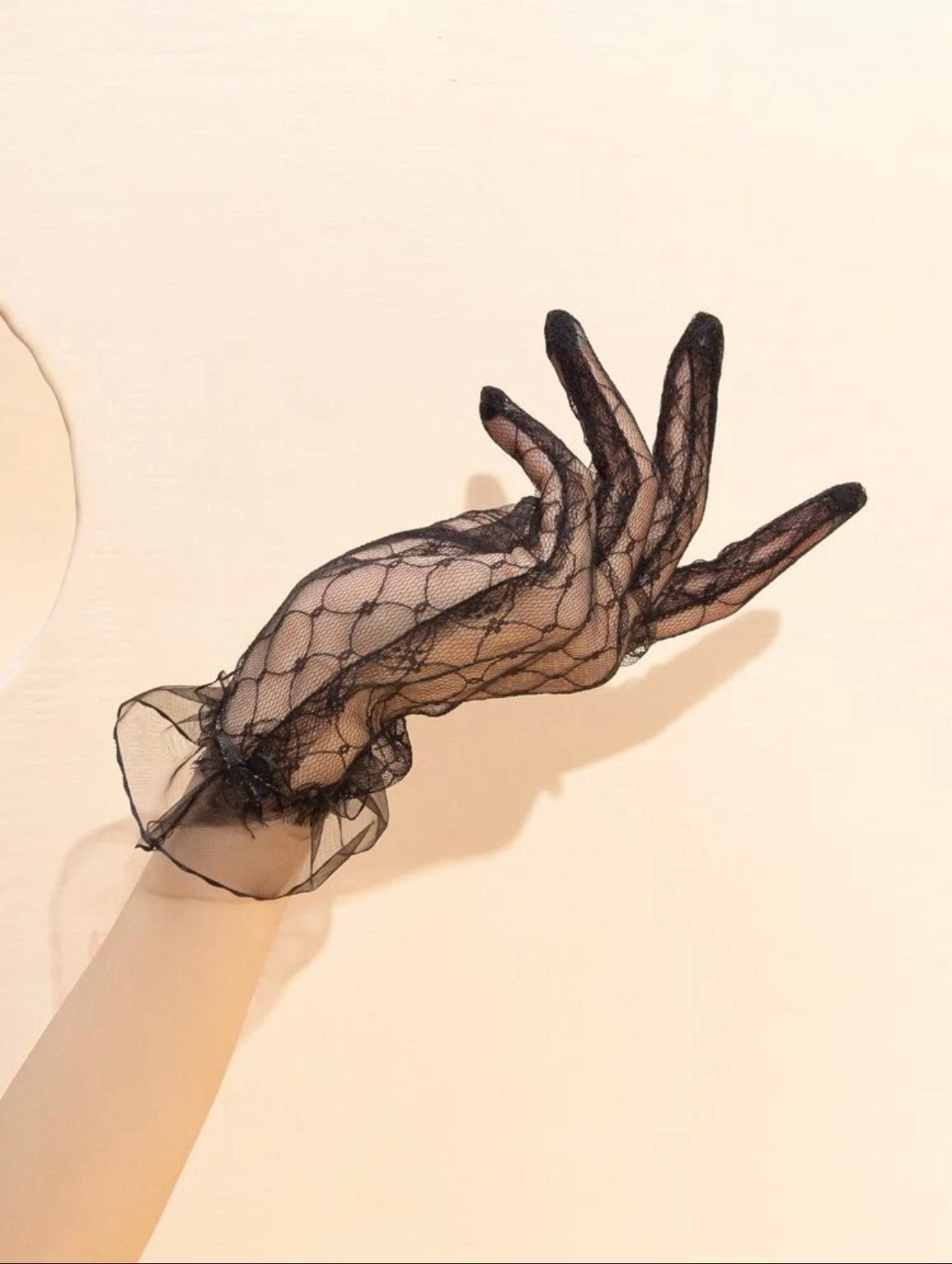 Fashion gloves, Black lace gloves, Sheer black ruffle trimmed