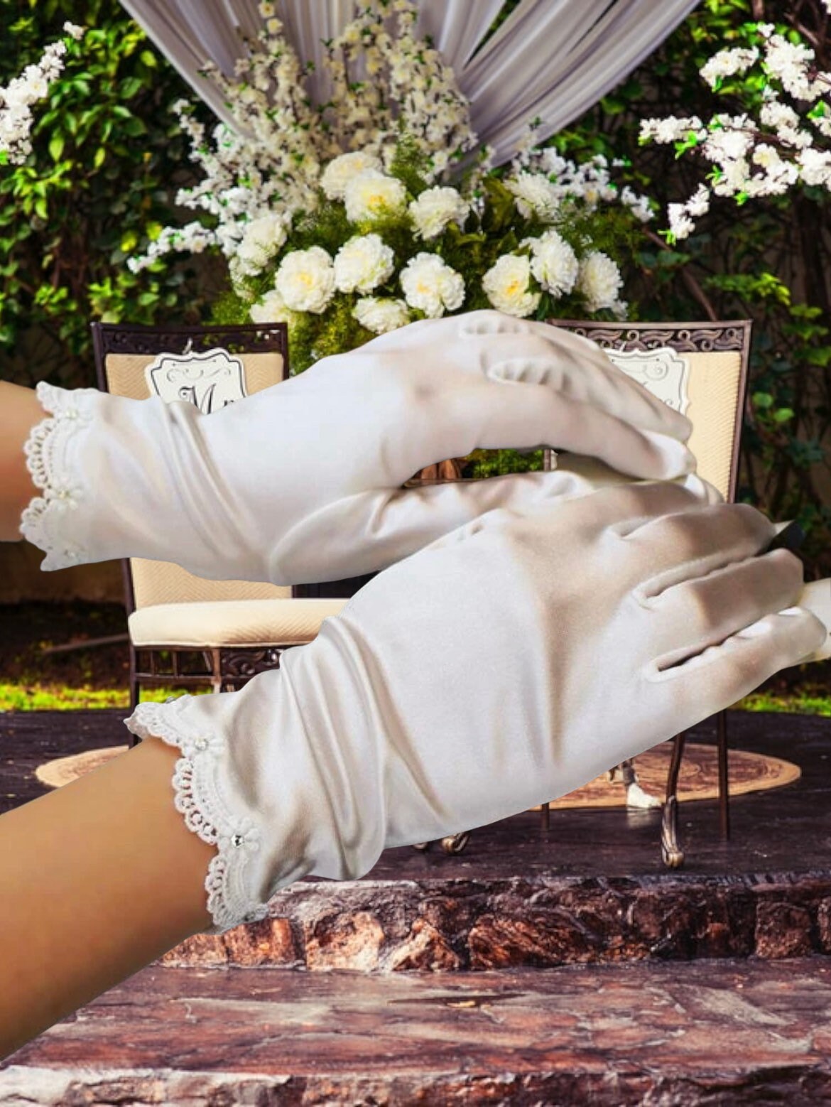 Wrist length white wedding gloves
