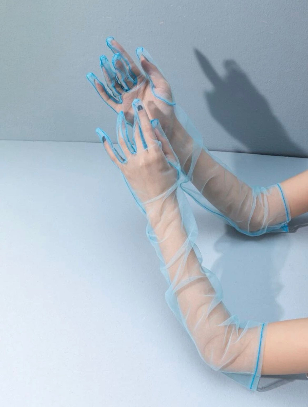 Blue above the elbow mesh gloves