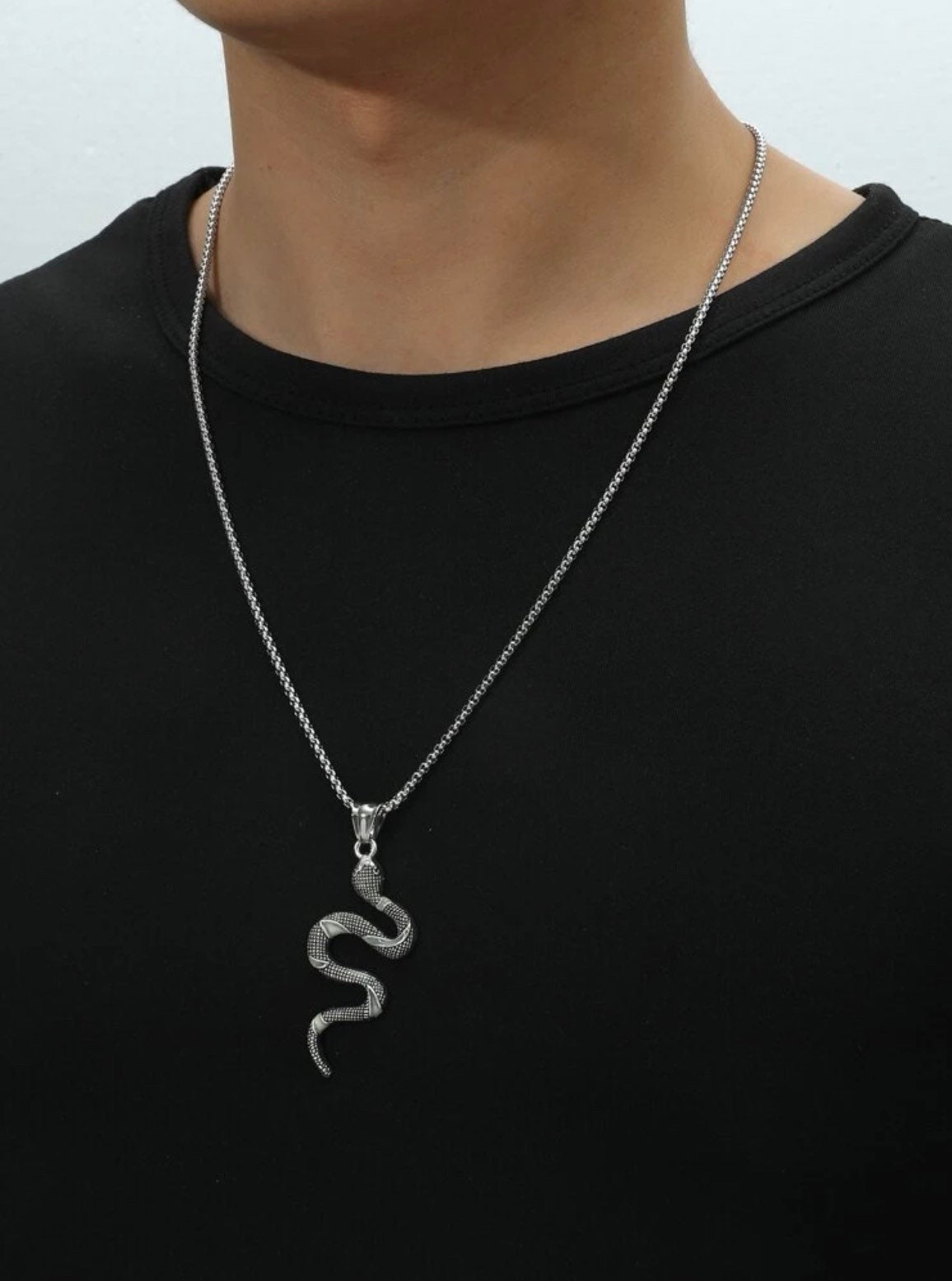 Mens fashion statement chain necklace. Phosphorescent snake pendant.