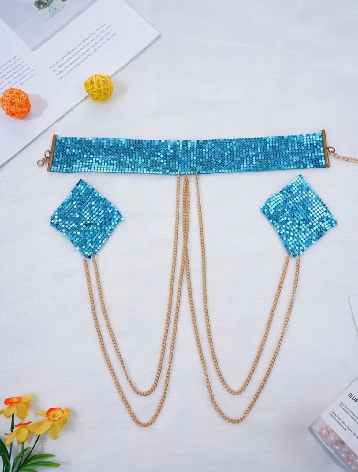 Blue Metallic choker and Nipple cover chain set, Lingerie accessories