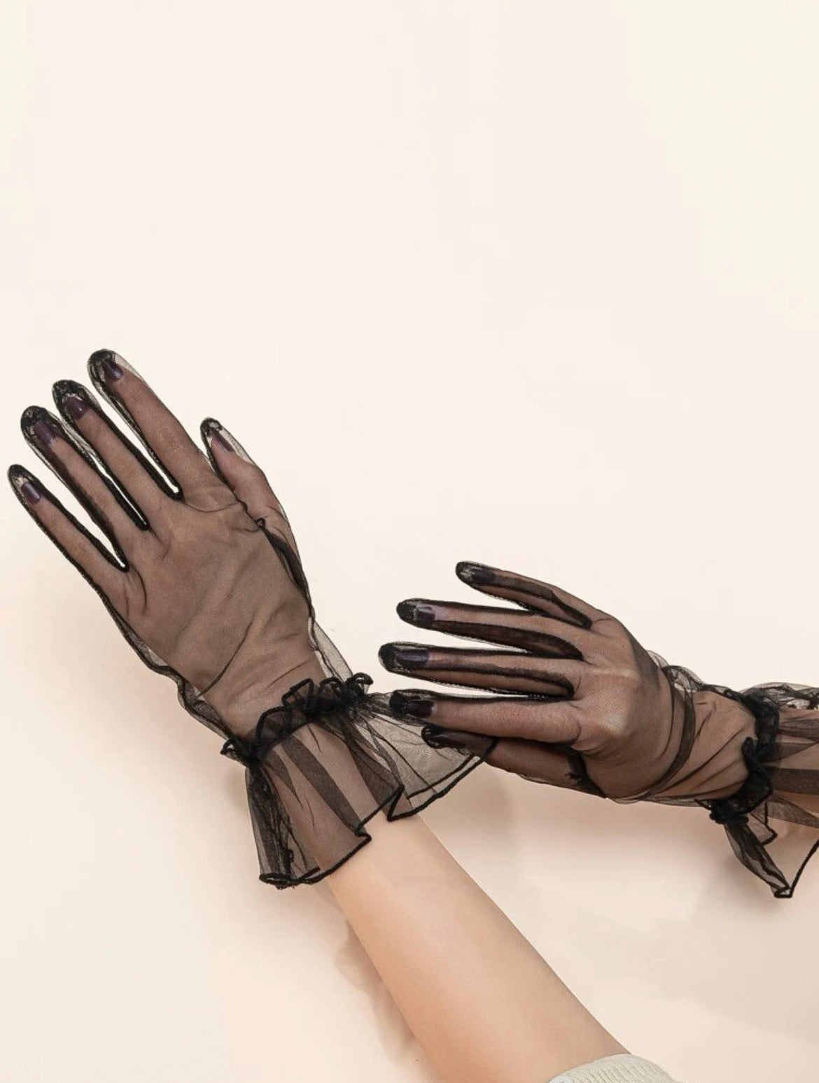 Black mesh lolita gloves, Sheer black mittens with ruffle trim