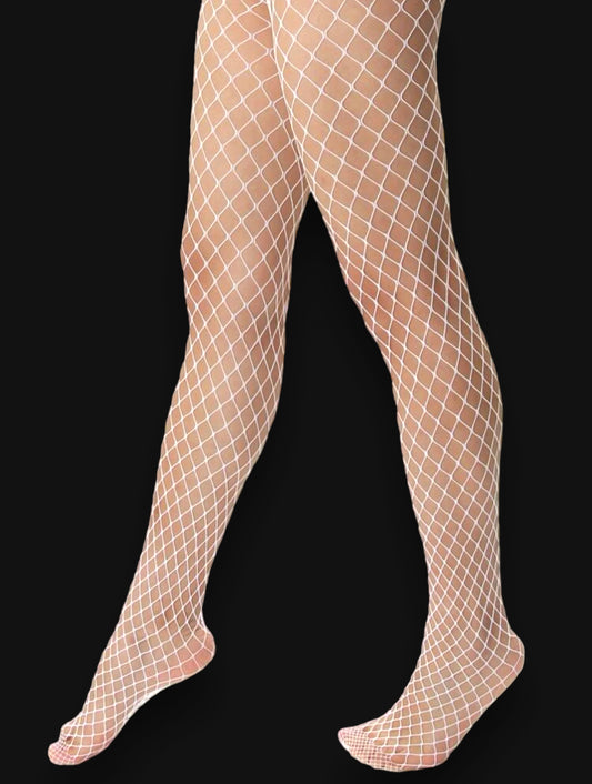 white fishnet tights that glow under UV light. Glows in the dark