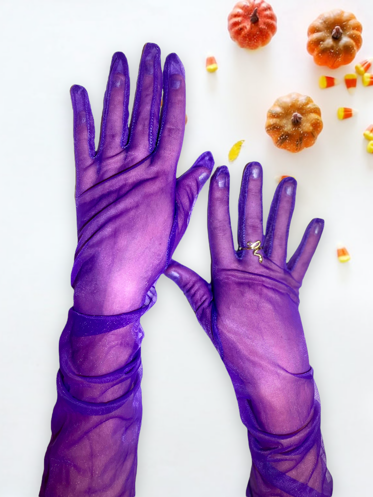 Purple sheer opera gloves, Long purple gloves, Above the elbow, Royal purple fashion gloves