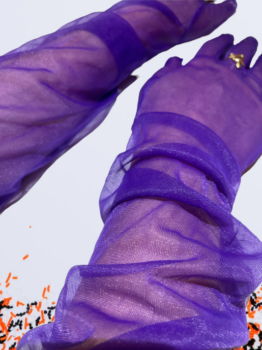 Purple sheer opera gloves, Long purple gloves, Above the elbow, Royal purple fashion gloves