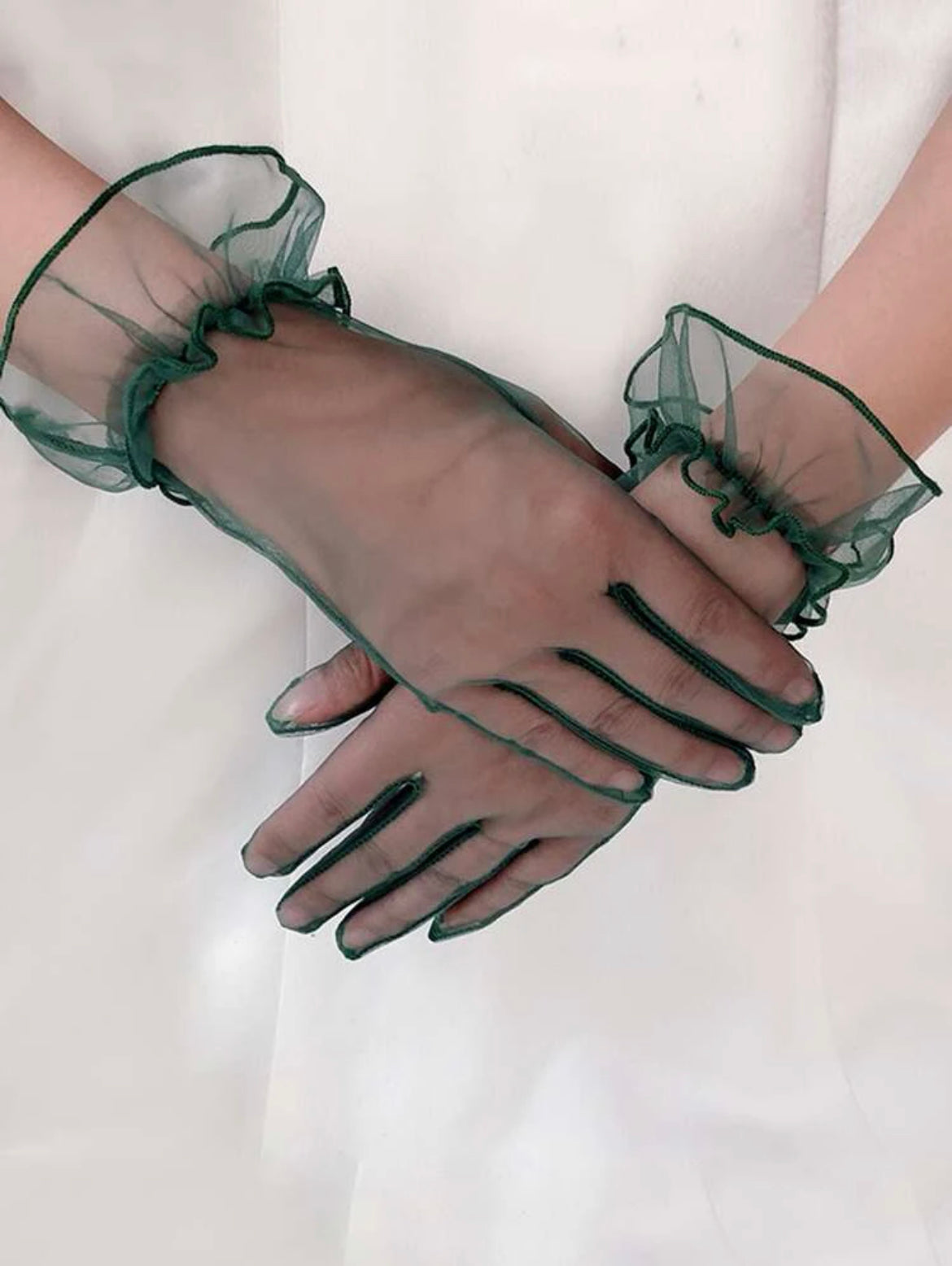 Sheer dark green lolita style gloves with ruffle trim