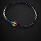 Black woven mens leather bracelet with rainbow design