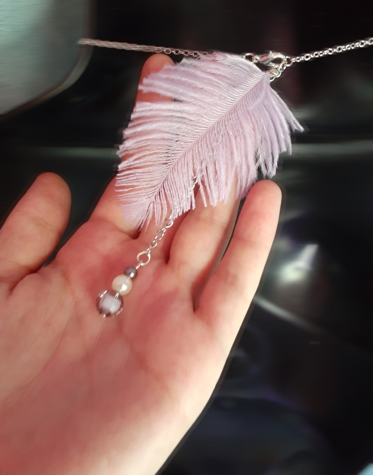 Lavender ostrich feather finish on lavender beaded chain