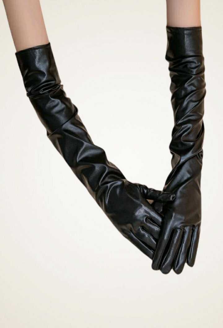 Long black faux leather gloves