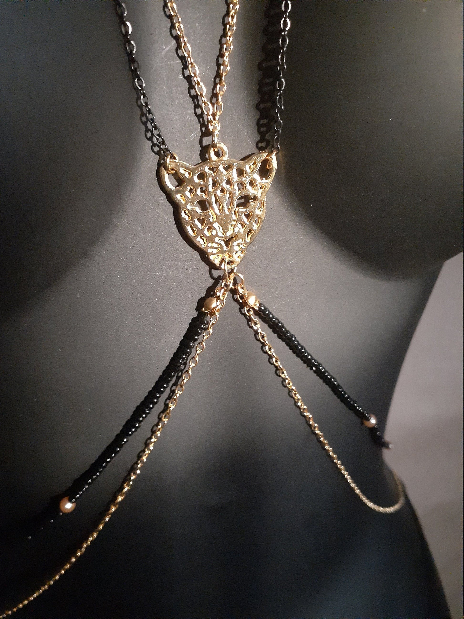 Leopard beaded body chain,body jewelry chain, gold body chain, black and  gold, statement jewelry