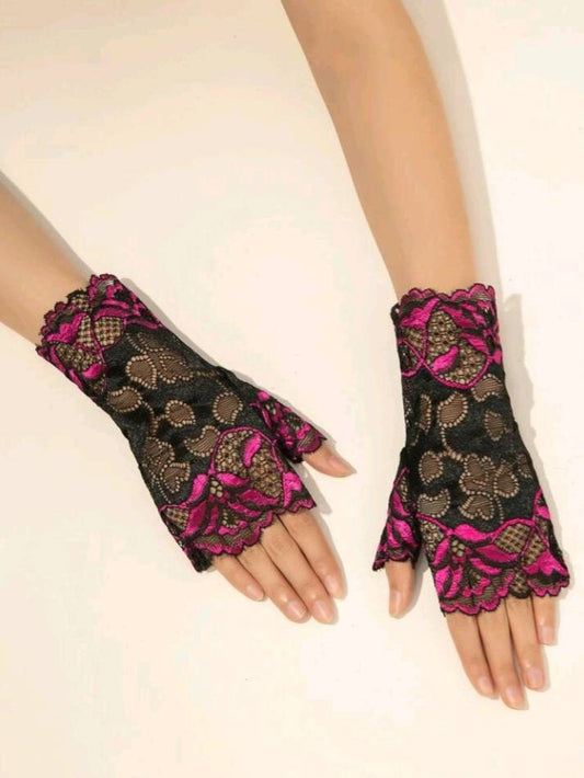 pink and black lace fingerless gloves