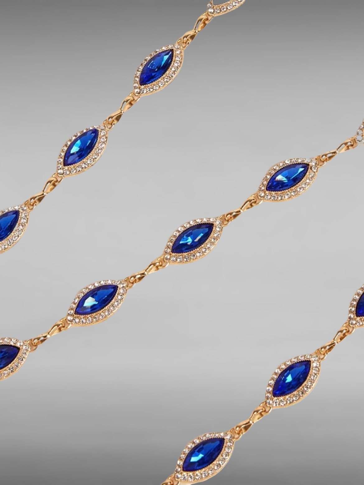 Saphire blue and diamond colored rhinestone chain belt