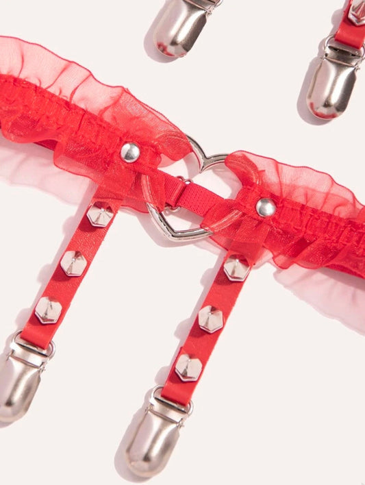 Red heart spike mesh leg garters