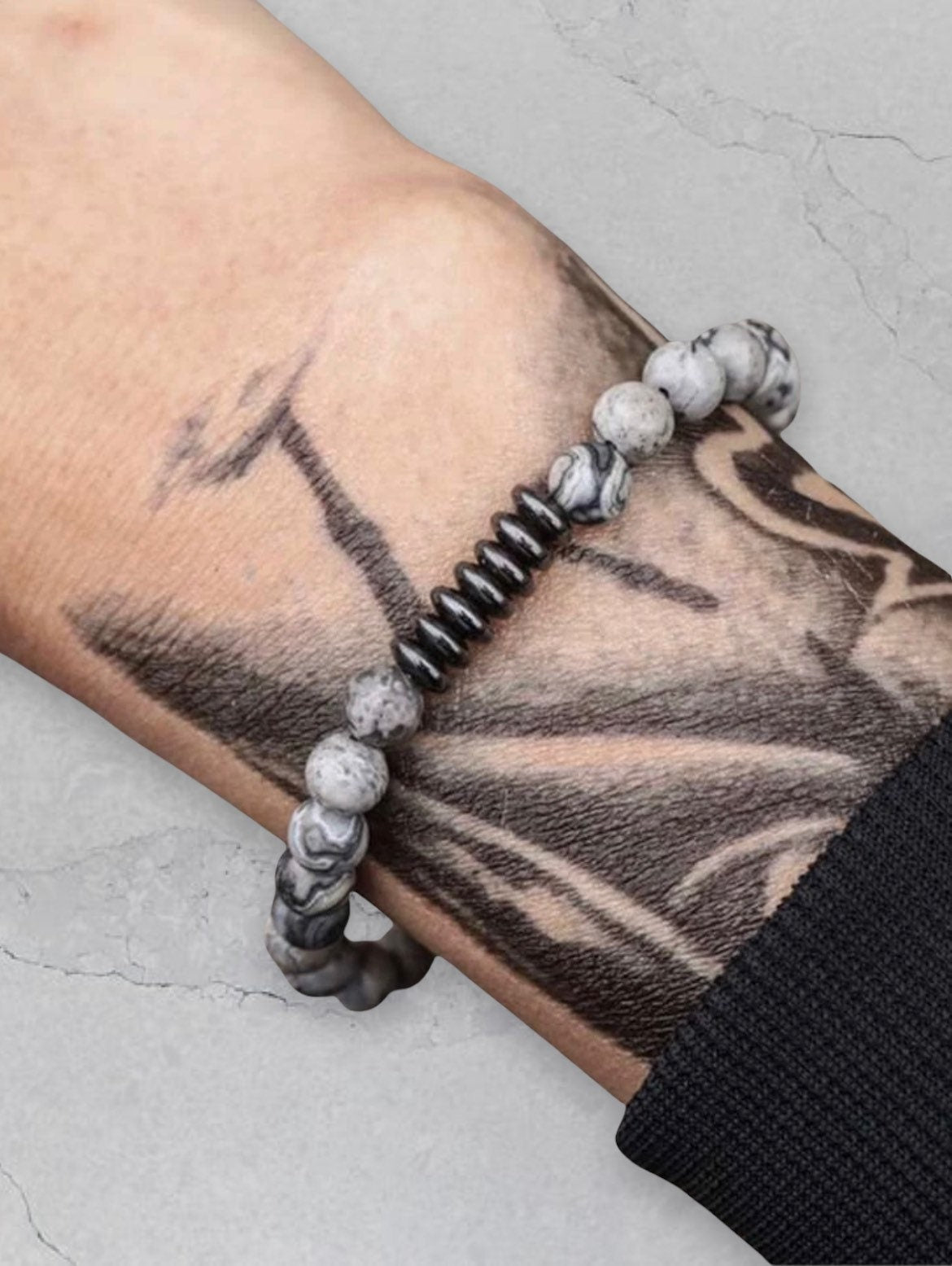 Mens marble stone beaded bracelet. Grey and gunmetal