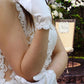 Scallop lace trim with rhinestone embellishments. Wedding accessory gloves for women