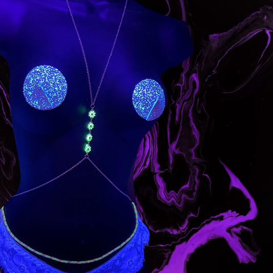 Glow in the dark floral body chain set with fluorescent waist beads.