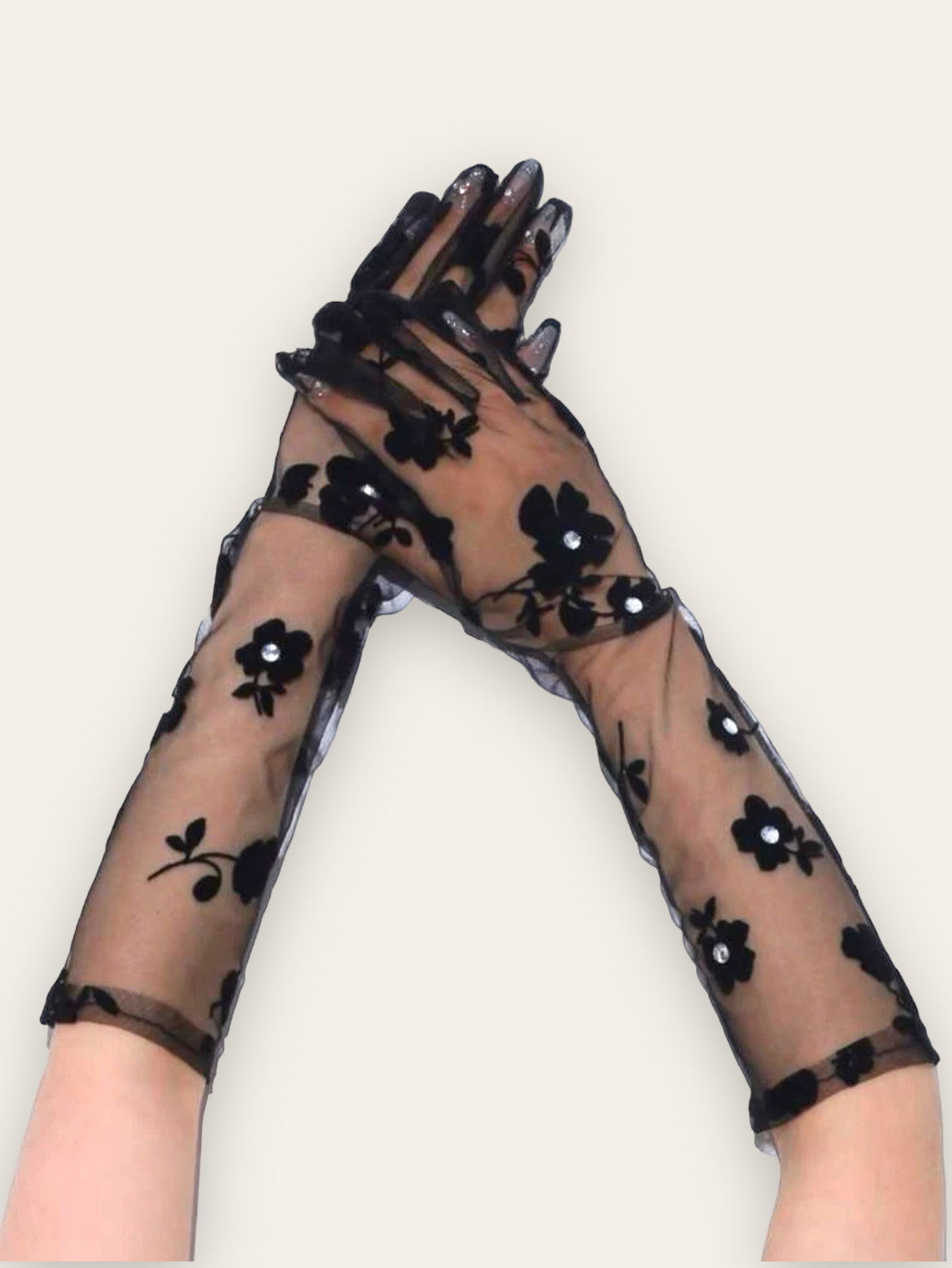 long black floral gloves, elbow length 