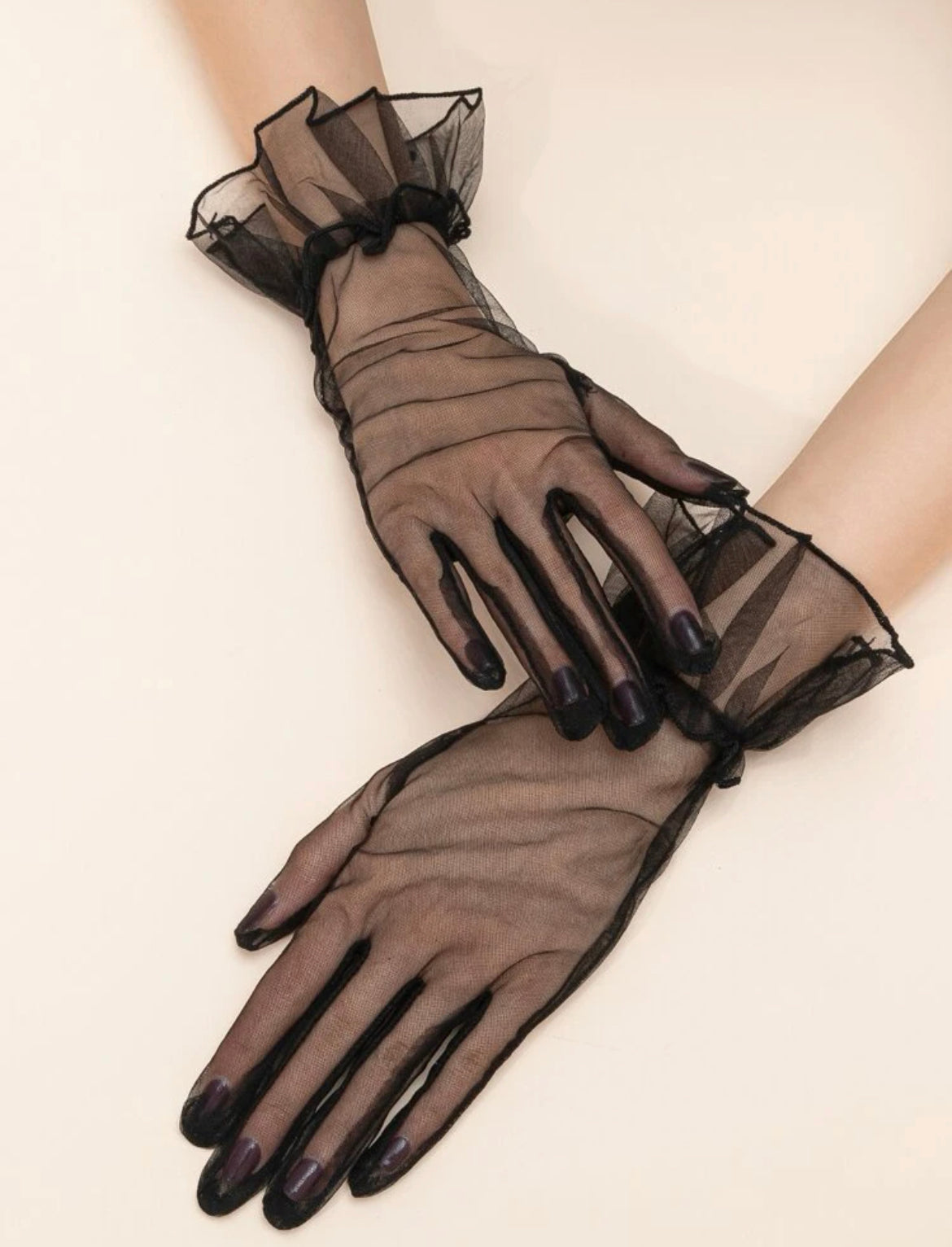 Black mesh lolita gloves, Sheer black mittens with ruffle trim