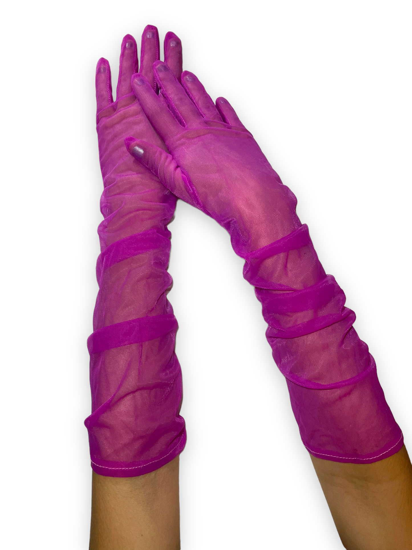 Hot pink mesh gloves, Pink sheer opera gloves, Above the elbow