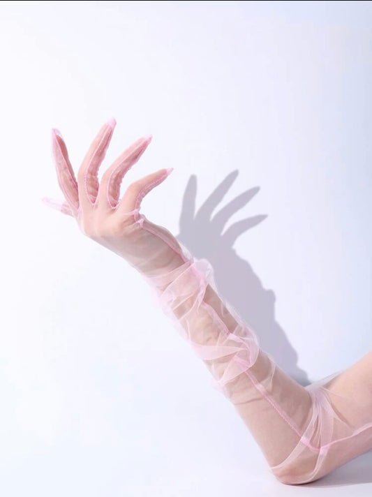 Light pink tulle gloves, Pink opera style tulle gloves, Above the elbow gloves