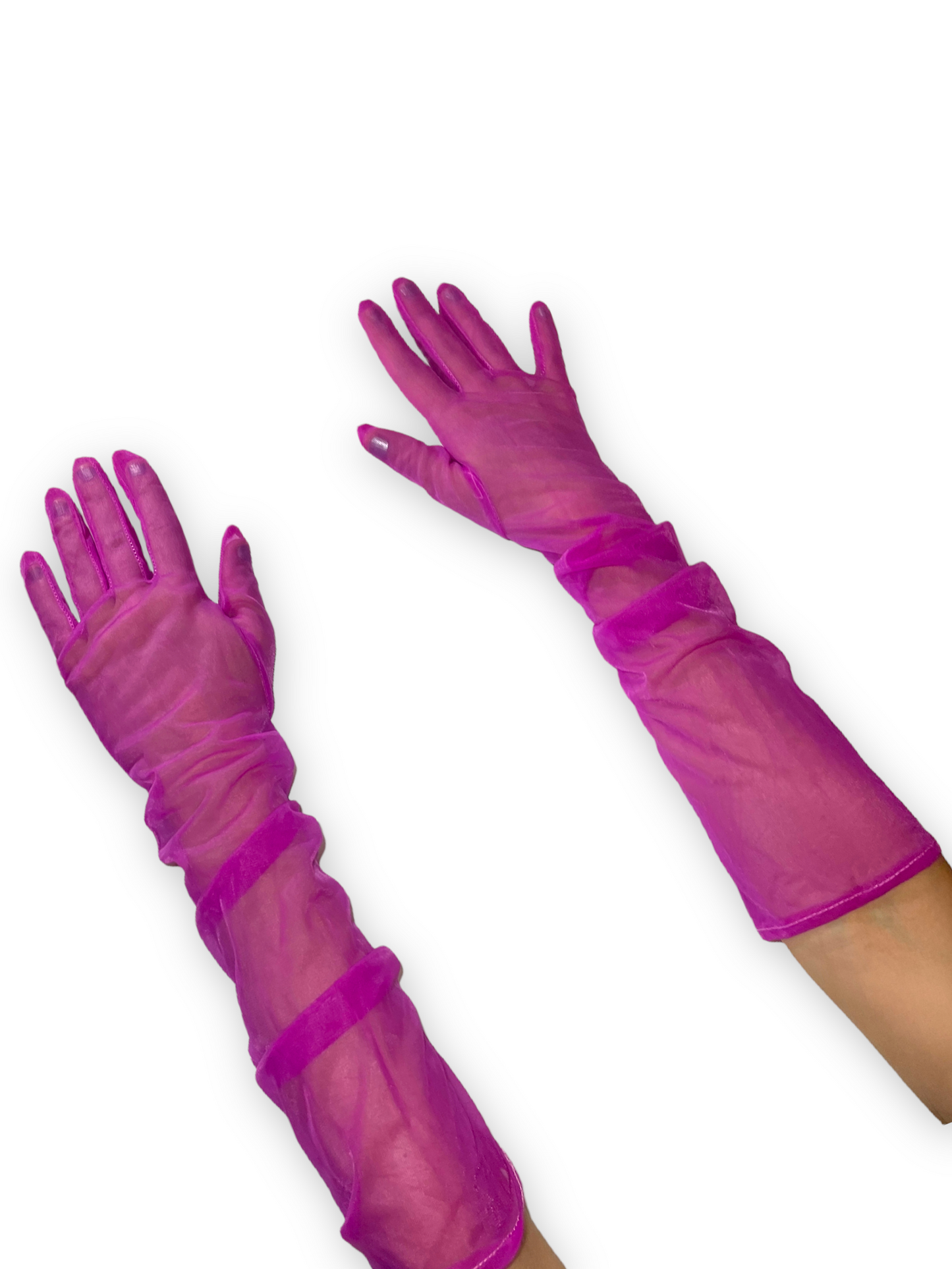 Hot pink mesh gloves, Pink sheer opera gloves, Above the elbow