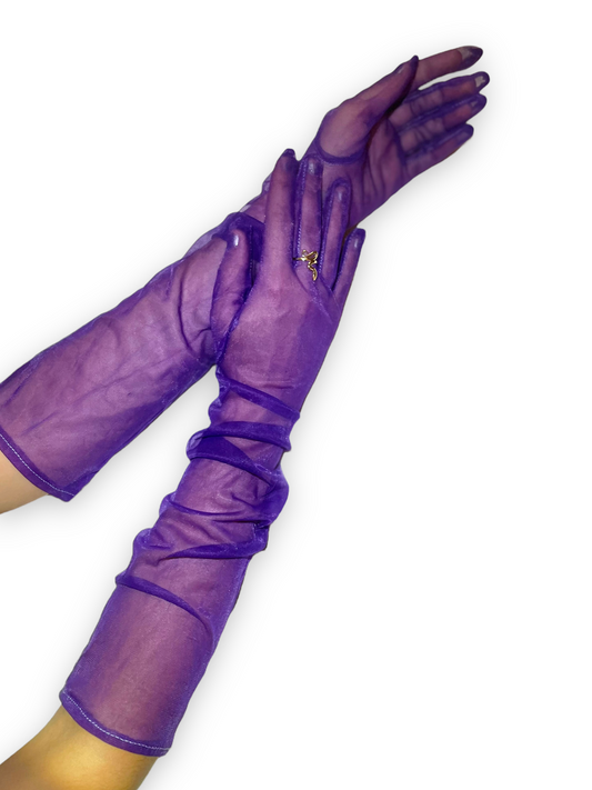 Purple sheer opera gloves, Long purple gloves, Above the elbow, Royal purple fashion gloves