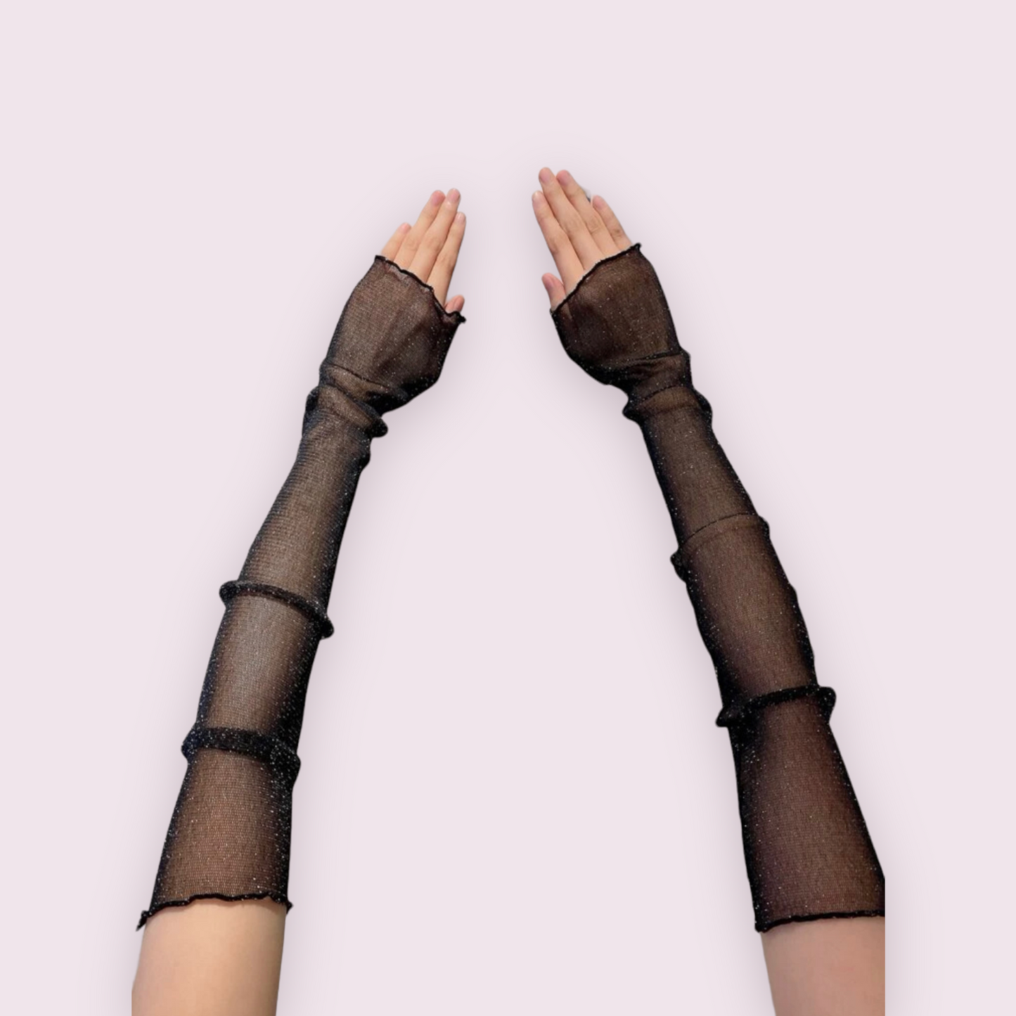 Black glitter mesh arm sleeves, Finger less mesh gloves in black
