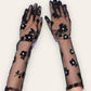 black floral gloves with rhinestone details